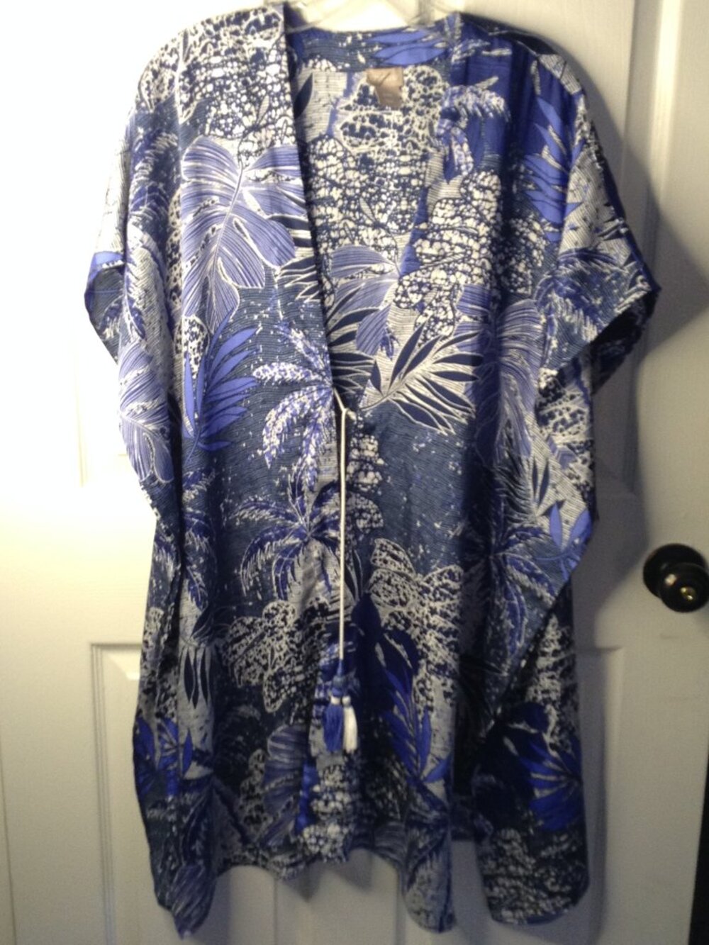 Chico's OS Blue Palm Tree Printed Kimono Tassels Tie Front Resortwear Beachcore
